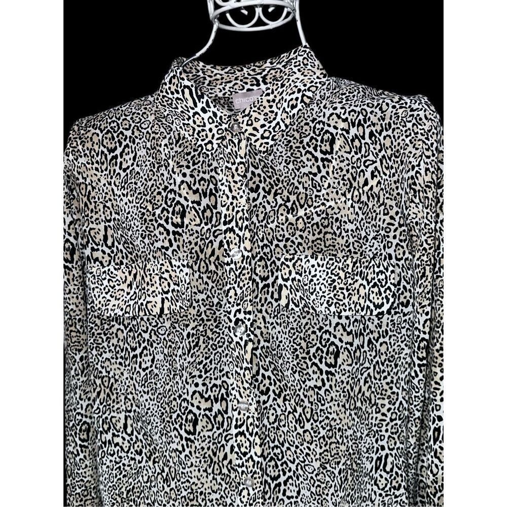 GREAT CONDITION WOMEN CHICOS WRINKLE RESISTANT ANIMAL LEOPARD BLOUSE TAN GRAY BL - Picture 2 of 13